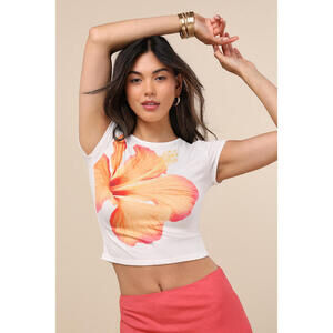Lulus Marita White Short Sleeve Cropped Hibiscus Graphic Tee - Size S